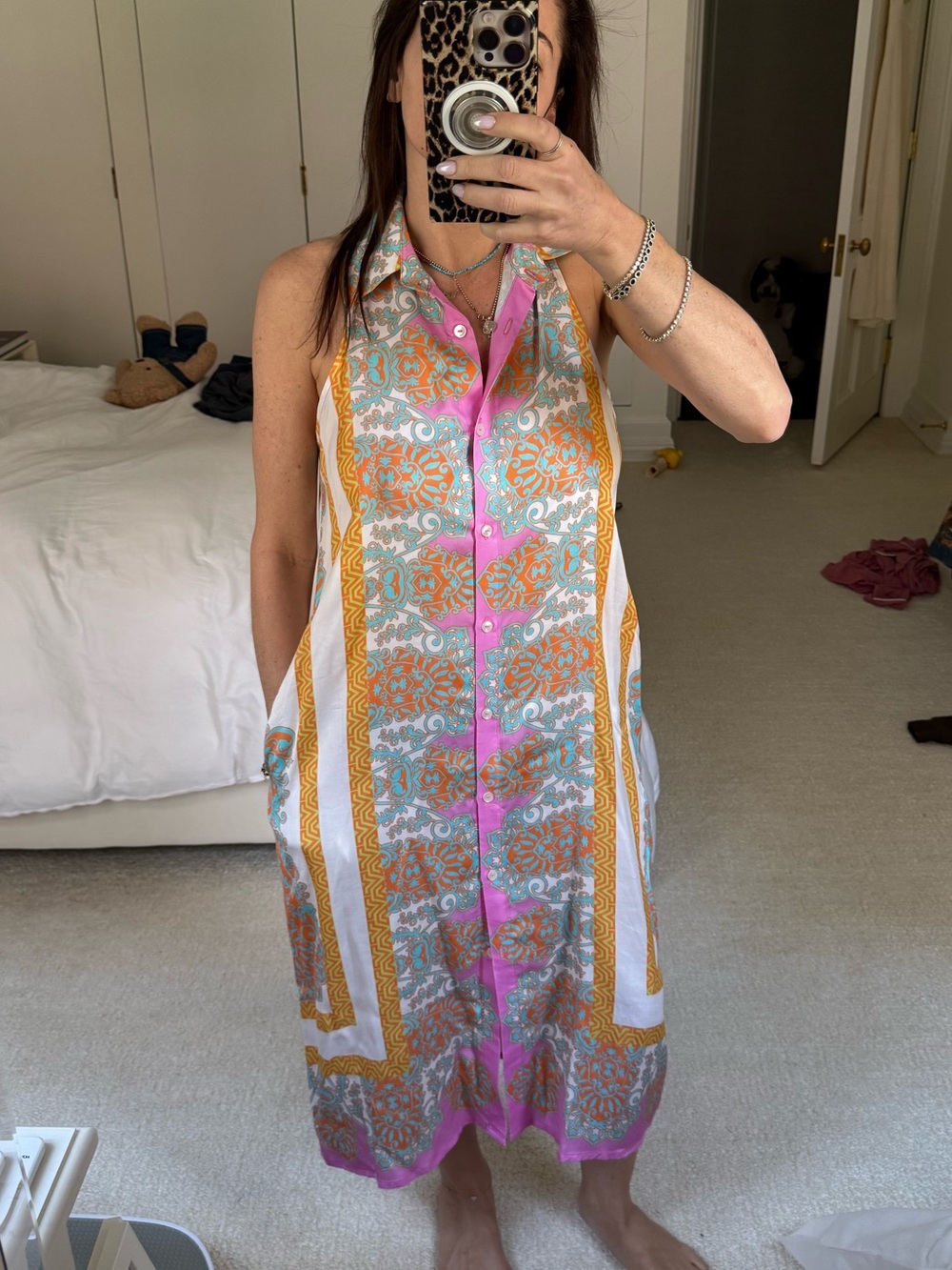 Sleeveless Printed Button-Front Midi Dress in Pink, Orange & Turquoise